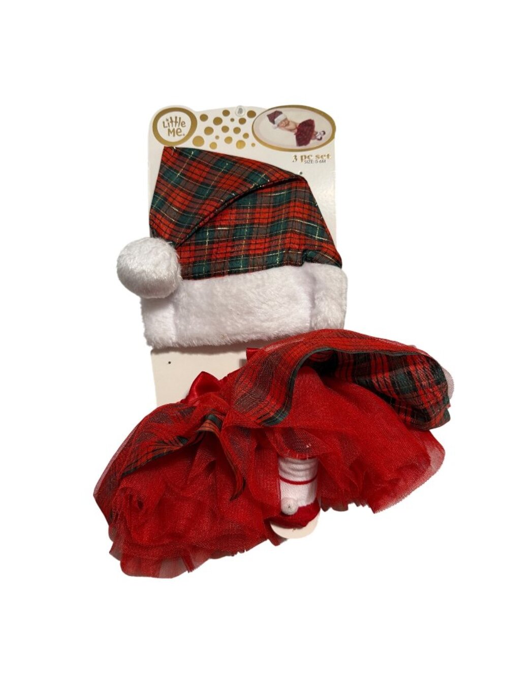 NWT Little Me Baby Christmas 3-Pc Set: Plaid Santa Hat Tutu & Socks Size 0-6M